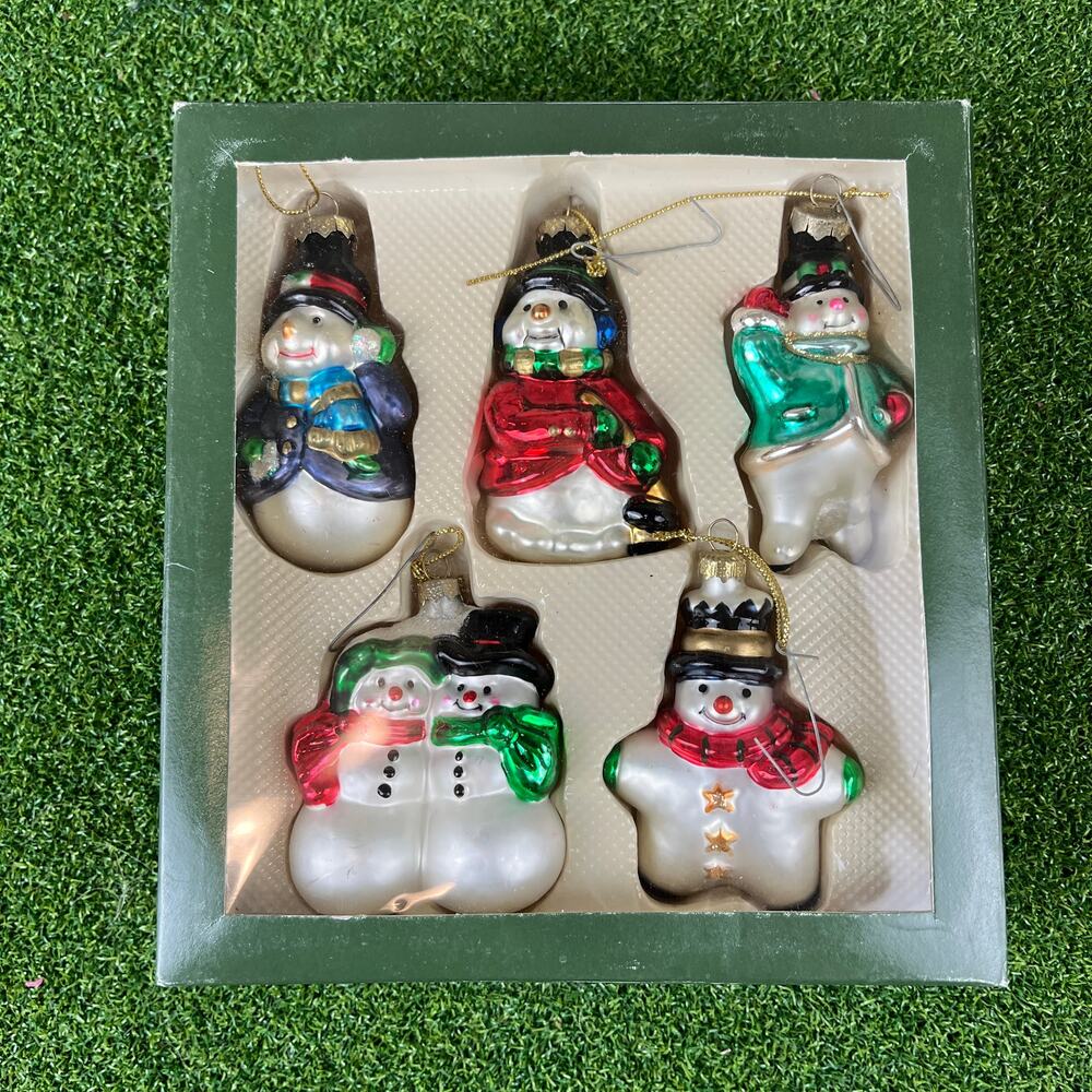 Vintage Hand Blown Glass Snowman Christmas Ornaments Boxed Set